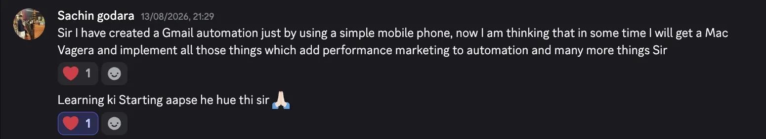 Discord review from Sachin Godara about building Gmail automation and learning performance marketing automation