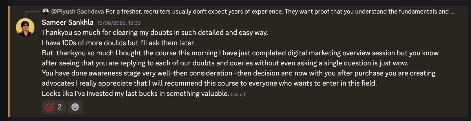 Discord follow-up review by Sameer Sankhla praising Piyush Sachdeva’s detailed course support