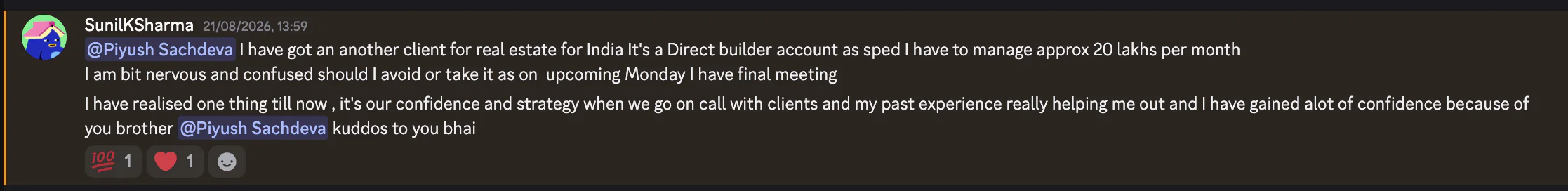 Discord message from Sunil K Sharma about gaining confidence and landing a real estate client