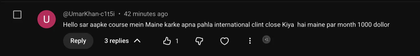 YouTube comment by Umar Khan saying he closed his first international client at $1,000 per month after taking the Social Masla performance marketing course